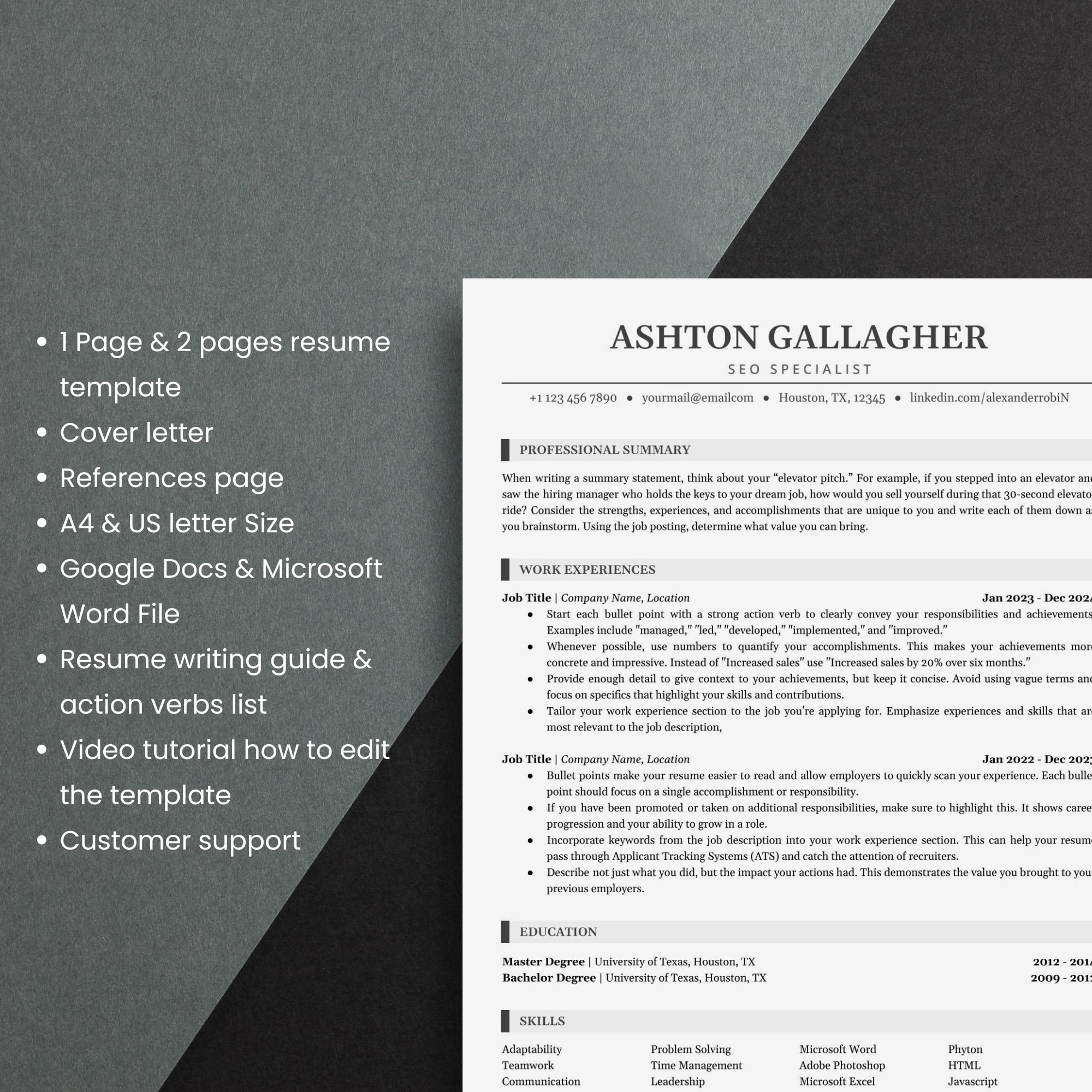 ATS Friendly Resume Template Google Docs & Microsoft Word, CV Template ...