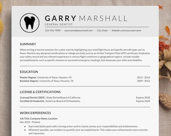 Dental resume template google docs and microsoft word, dental assistant, nurse resume template, dentist CV template, minimalist resume