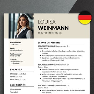 May include: A resume template featuring a photograph of a woman in a black blazer. The resume includes the woman's name, Louisa Weinmann, her contact details, and a list of her skills and experience. The resume is in German.