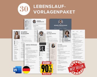30 Lebenslauf Vorlagenpaket, Bewerbungsvorlagen Bundle Word, Deutsch Bewerbungsvorlage, Deckblatt Anschreiben, Moderner Lebenslauf Vorlage