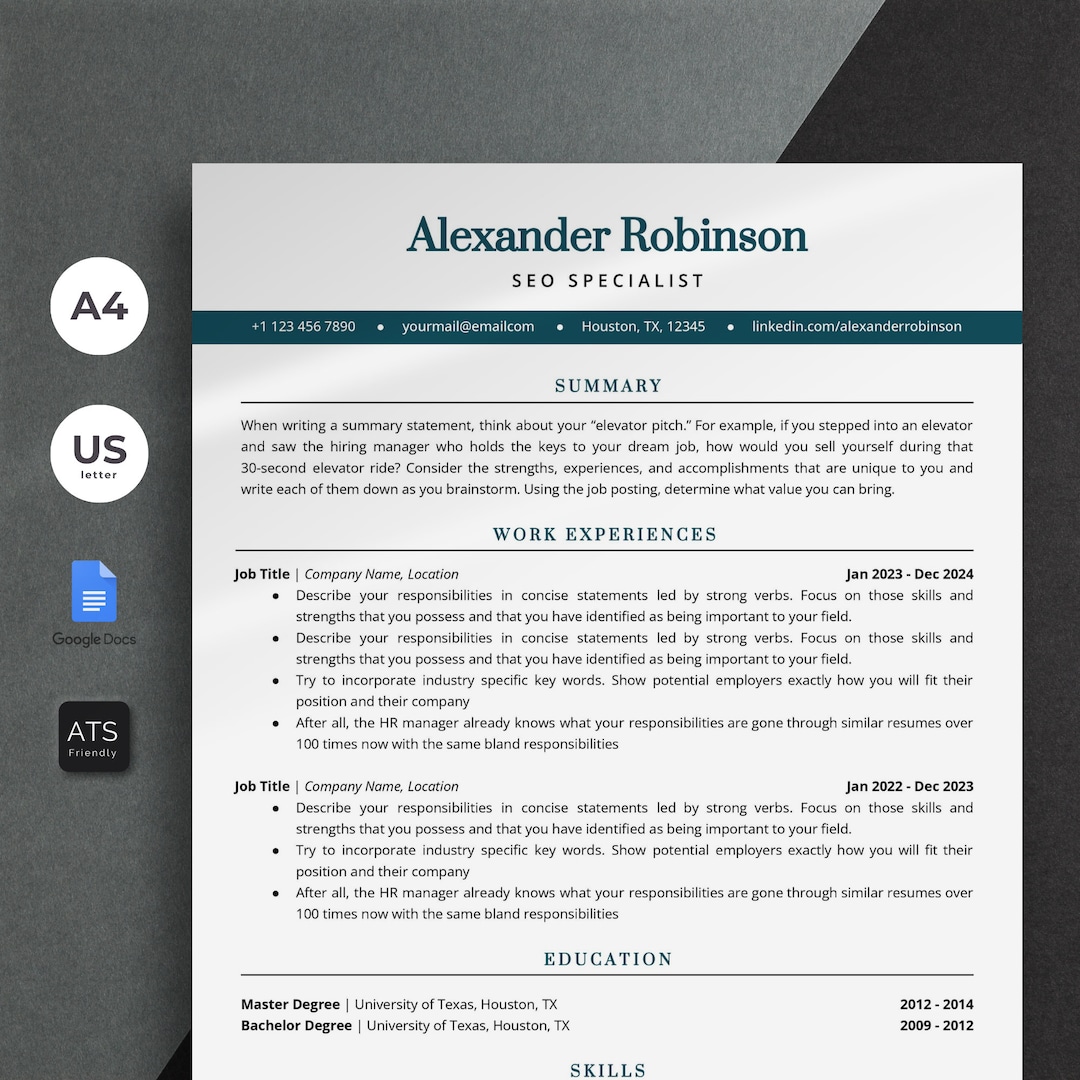 ATS Friendly Resume Template for Google Docs | Cover Letter ...
