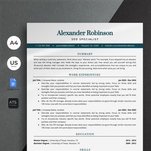 以下が含まれることがあります： SEOスペシャリスト「Alexander Robinson」のプロフェッショナルな履歴書テンプレート。要約、職務経歴、学歴、スキルなどのセクションが含まれています。明るいグレーの背景と濃いティール色の見出しを備えた、クリーンでモダンなデザインです。