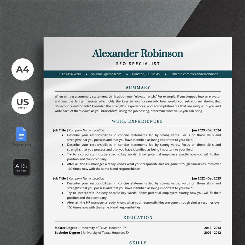 ATS Friendly Resume Template for Google Docs | Cover Letter ...