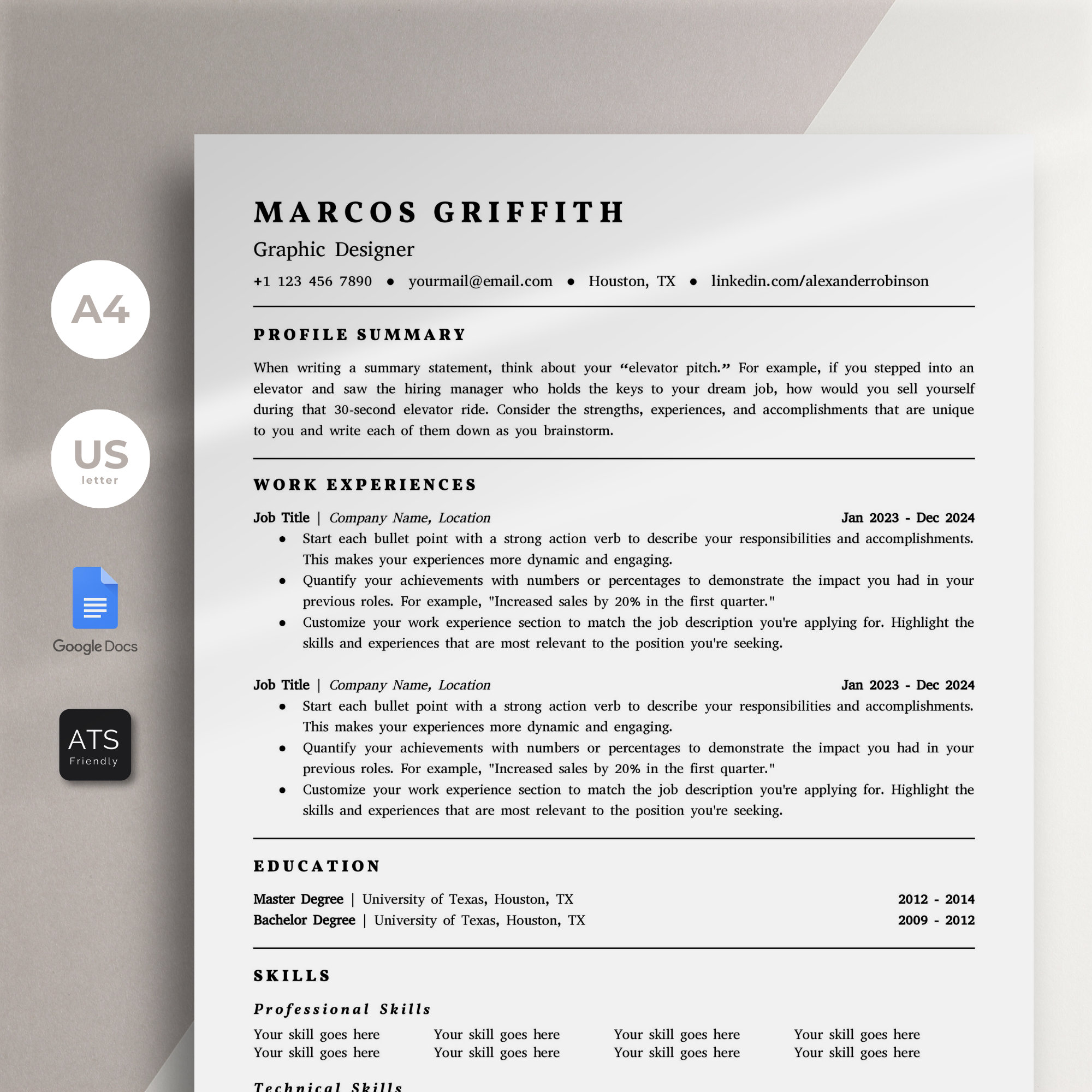 ATS Friendly Resume Template for Google Docs | Cover Letter ...