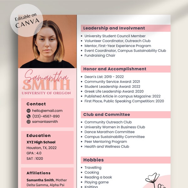 Girly Pink Sorority Rush Resume Template and Cover Letter | Editable Canva - 10