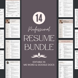 May include: A collage of 14 professional resume templates in a bundle. The templates are editable in Microsoft Word and Google Docs. The image features a pink and gray color scheme.