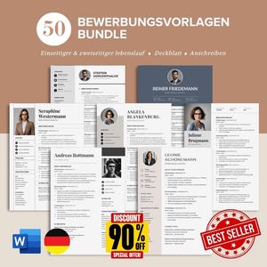 50 Lebenslauf Vorlagenpaket, Bewerbungsvorlagen Bundle Word, Deutsch, Deckblatt Anschreiben, Moderner Lebenslauf Vorlage für Canva