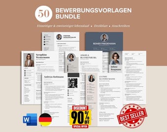 50 Lebenslauf Vorlagenpaket, Bewerbungsvorlagen Bundle Word, Deutsch, Deckblatt Anschreiben, Moderner Lebenslauf Vorlage für Canva