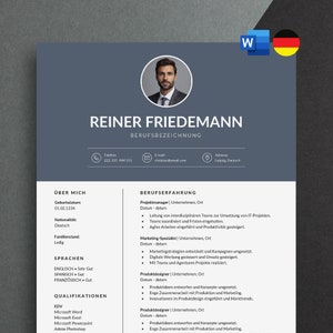 Może przedstawiać: Szablon CV w kolorze szarym i białym z fotografią mężczyzny w garniturze. CV zawiera imię i nazwisko "Reiner Friedemann", dane kontaktowe, sekcję "Über Mich" (O mnie), sekcję "Sprachen" (Języki), sekcję "Qualifikationen" (Kwalifikacje) i sekcję "Berufserfahrung" (Doświadczenie zawodowe).