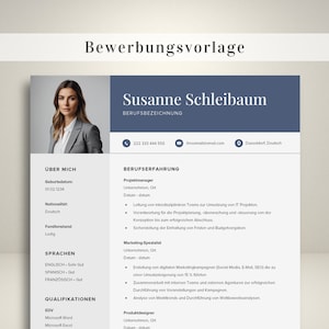 Puede incluir: Una plantilla de currículum con una foto de una mujer, el nombre Susanne Schleibaum y el título "Bewerbungsvorlage", que se traduce como "Plantilla de solicitud" en español. El currículum incluye secciones para "Über Mich" (Acerca de mí), "BerufsErfahrung" (Experiencia profesional), "Sprachen" (Idiomas), "Qualifikationen" (Cualificaciones) y "EDV" (Informática).