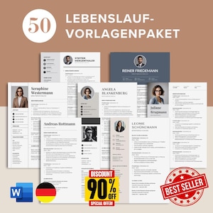 Könnte beinhalten: Eine Sammlung von Lebenslaufvorlagen mit dem Text "50 LEBENSLAUF-VORLAGENPAKET". Die Lebensläufe zeigen Kopfbilder und persönliche Informationen. Ein "90% RABATT"-Aufkleber und ein "BESTSELLER"-Siegel sind ebenfalls sichtbar.