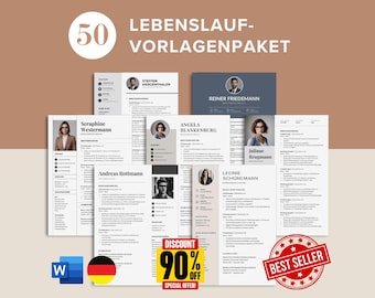 50 Lebenslauf Vorlagenpaket, Bewerbungsvorlagen Bundle Word, Deutsch, Deckblatt Anschreiben, Moderner Lebenslauf Vorlage für Canva