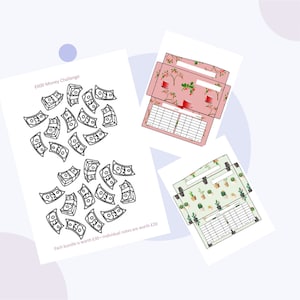 May include: Printable money challenge with envelopes and a sheet of cash bundles. The envelopes have a floral and cactus pattern. The sheet has 30 bundles of cash, each worth £20. The text reads "£600 Money Challenge. Each bundle is worth £20 - individual notes are worth £20."