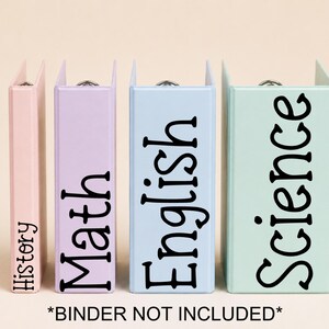 May include: Four pastel-colored binders arranged in a row, featuring black text labels on their spines. The labels read History, Math, English, and Science. The binders are light pink, light purple, light blue, and light green, with metal rings visible.