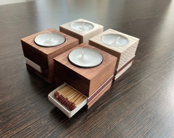 Wooden Tea Light Candle Holders Set - Extra Candles - Wedding Gift