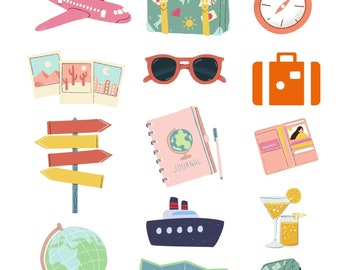Peut inclure: Un ensemble d'illustrations sur le thème du voyage comprenant un avion, une valise, une boussole, des lunettes de soleil, un poteau indicateur, un journal, un passeport, un bateau de croisière, un globe terrestre, une carte, un sac à dos, une carte avec une épingle, une pile de valises, une valise et une carte avec une épingle.