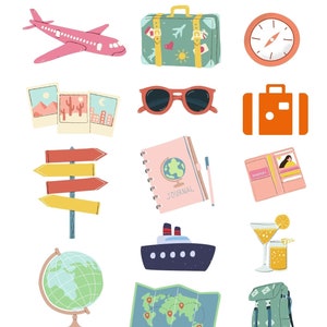 Adesivos digitais de viagem (pré-cortados), adesivos digitais de viagem para boas notas, planejador de adesivos digitais de viagem, clip-art de viagem, imagens de viagem