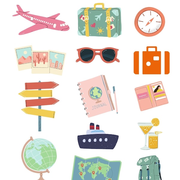 Travel digital stickers (pre-cropped), travel digital stickers for goodnotes, travel digital sticker planner, travel clip art, travel images