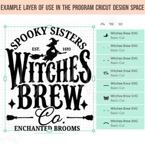 Pu&ograve; includere: Un design grafico digitale nero con il testo SPOOKY SISTERS, EST. 1693, WITCHES BREW Co. ed ENCHANTED BROOMS, una silhouette di una strega su una scopa e icone di scope, visualizzato nell'interfaccia del software Cricut Design Space.