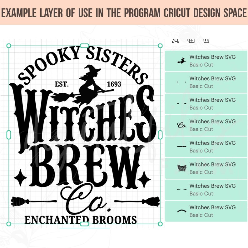 Pu&ograve; includere: Un design grafico digitale nero con il testo SPOOKY SISTERS, EST. 1693, WITCHES BREW Co. ed ENCHANTED BROOMS, una silhouette di una strega su una scopa e icone di scope, visualizzato nell'interfaccia del software Cricut Design Space.