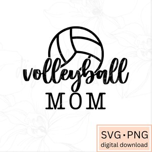 May include: Black and white graphic design of a volleyball with the text "volleyball MOM" underneath.