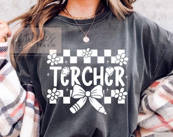 Coquette Teacher SVG: Pencil Bow, Floral Retro Design (Digital Download