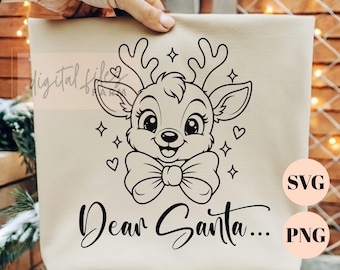 Querido Papá Noel SVG, Lindo reno PNG, Archivo de corte de reno con lazo coqueto para Cricut, Imágenes prediseñadas navideñas retro, Diseño de sudadera navideña de reno