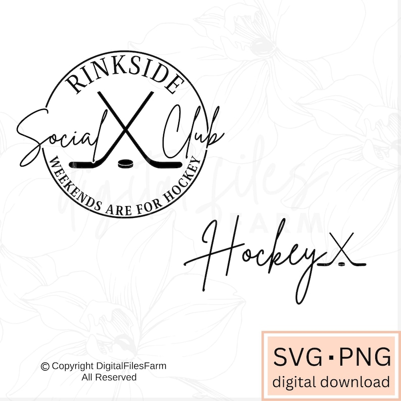 May include: Black and white logo design for a hockey social club. The logo features two crossed hockey sticks with a puck in the center. The text "Rinkside Social Club" is written in a circle around the sticks. The text "Weekends Are For Hockey" is written below the circle. The text "Hockey X" is written in cursive below the logo.