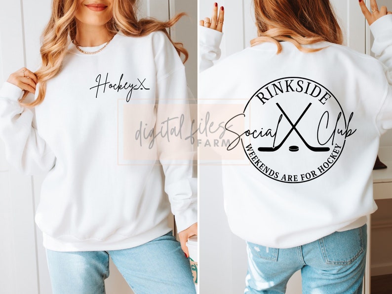 May include: White sweatshirt with the text "Hockey" on the front and a black circle with the text "Rinkside Social Club Weekends Are For Hockey" on the back.