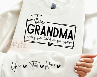 La abuela lleva el corazón en la manga SVG PNG, diseño para el Día de la Madre, diseño personalizado con el nombre de los nietos, archivos a juego para regalos de abuela DIY