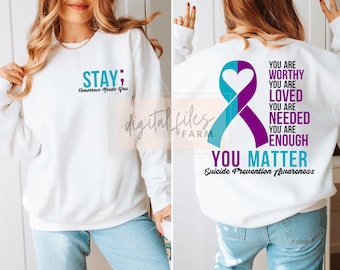 Suicide Prevention Svg, Stay National Suicide Prevention Awareness Sleeve Shirt Svg, Suicide Teal Purple Ribbon Svg, Suicide Awareness Month