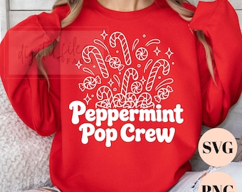 Peppermint Pop Crew SVG, Zuckerstangen-PNG, Weihnachtssüßigkeiten-Schnittdatei für Cricut, Retro-Winter-Pfefferminz-Clipart, Weihnachts-Sweatshirt-Design