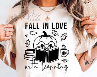 Fall In Love With Learning SVG PNG for Crafts, Teacher Reading Pumpkin Book Design
