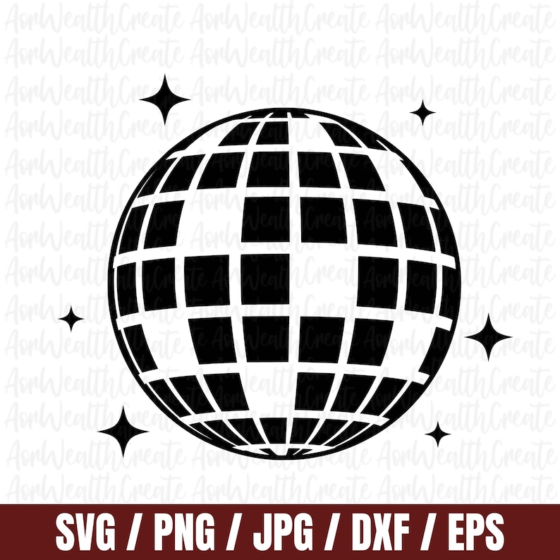 May include: A black and white disco ball with a mirrored surface. The ball is surrounded by small white stars.
