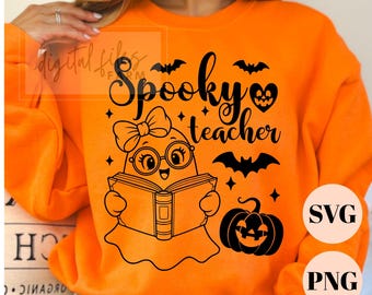 Spooky Teacher SVG, Halloween Teacher PNG, Ghost Reading Book Cut File, Cute Spooky Bookworm Clipart, Teacher Halloween Sweatshirt