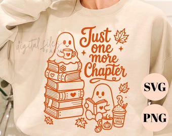 Solo un capítulo más SVG, Fantasma lector PNG, Archivo de corte de lectura acogedora de otoño para Cricut, Imágenes prediseñadas de Halloween para ratones de biblioteca, Descarga digital de biblioteca