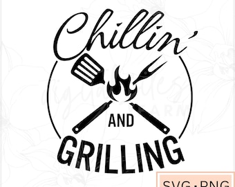 May include: Black and white graphic design with the text "Chillin' and Grilling" in a circle with a spatula and a fork crossed over a flame in the center.