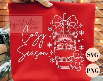 Archivo SVG de temporada acogedora, PNG de café helado navideño, archivo de corte de hombre de jengibre para Cricut, imágenes prediseñadas de latte retro de invierno, diseño de camiseta de suéter navideño