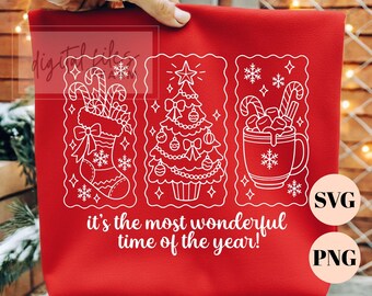 Most Wonderful Time Of The Year SVG, Christmas Badges PNG, Winter Cocoa Tree Cut File, Retro Holiday Stocking Clipart, Sweatshirt Design