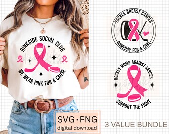 Hockey SVG Bundle 3 Designs for Crafts, Breast Cancer Pink Ribbon Sports PNG