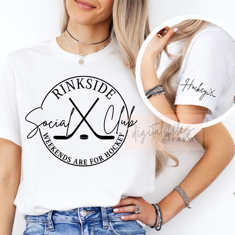 May include: White t-shirt with a black circle graphic that says "rinkside social club" with crossed hockey sticks and a puck. The text below the circle says "weekends are for hockey".