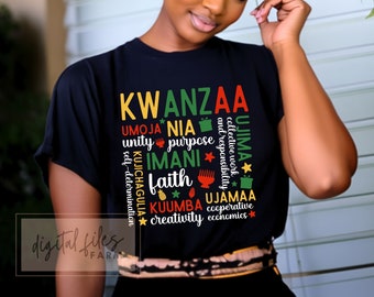 May include: Black t-shirt with a colorful graphic design featuring the word "KWANZAA" and the seven principles of Kwanzaa: Umoja, Kujichagulia, Ujima, Ujamaa, Nia, Kuumba, and Imani.
