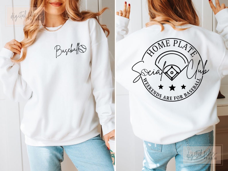 May include: White sweatshirt with black text and a baseball graphic on the front. The back of the sweatshirt has a black circle with the text "Home Plate Social Club" and "Weekends Are For Baseball" around the circle.