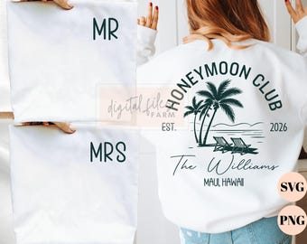 Blank Honeymoon Club SVG PNG for Shirts, Beach Wedding Couple Design, Custom Date and Location Layout, DIY Honeymooners Matching Files