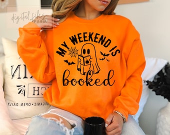My Weekend is Boooked Svg, Spooky Bookish Halloween Svg File, Ghost Reading, Ghost Books, Book Lovers, Book Reader, Teacher Halloween Svg