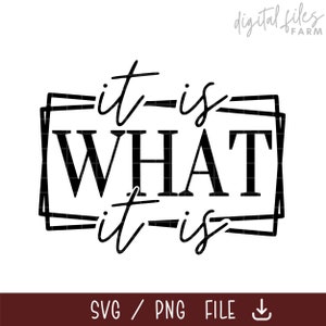 May include: Black and white graphic design with the text "it-is WHAT it-is" inside a square frame.
