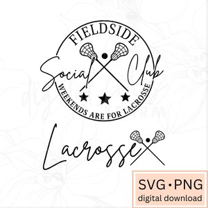 Może przedstawiać: Czarno-biały projekt logo dla klubu lacrosse o nazwie "Fieldside Social Club". Logo przedstawia dwie skrzyżowane kije lacrosse z piłką w środku. Tekst "Weekends are for Lacrosse" jest napisany wok&oacute;ł kij&oacute;w. Słowa "Fieldside Social Club" są napisane w k&oacute;łku wok&oacute;ł kij&oacute;w. Tekst "Lacrosse" jest napisany kursywą pod logo.