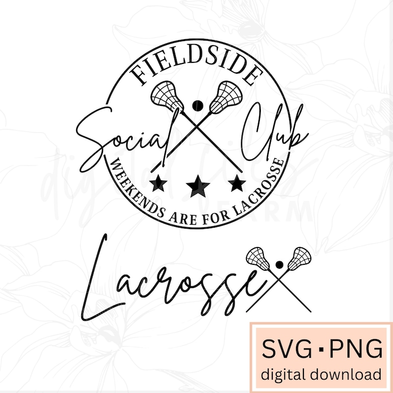 Może przedstawiać: Czarno-biały projekt logo dla klubu lacrosse o nazwie "Fieldside Social Club". Logo przedstawia dwie skrzyżowane kije lacrosse z piłką w środku. Tekst "Weekends are for Lacrosse" jest napisany wok&oacute;ł kij&oacute;w. Słowa "Fieldside Social Club" są napisane w k&oacute;łku wok&oacute;ł kij&oacute;w. Tekst "Lacrosse" jest napisany kursywą pod logo.