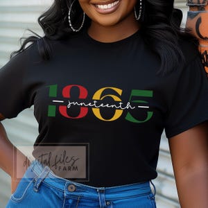 Peut inclure: T-shirt noir avec le texte "1865 - juneteenth -" en rouge, jaune et vert.