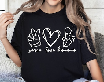 Svg de plátano, diseño de camiseta de plátano Peace Love Svg, diseño de camiseta de plátano divertido Svg, amante del plátano Svg, archivos SVG de camiseta de plátano fresco para cricut
